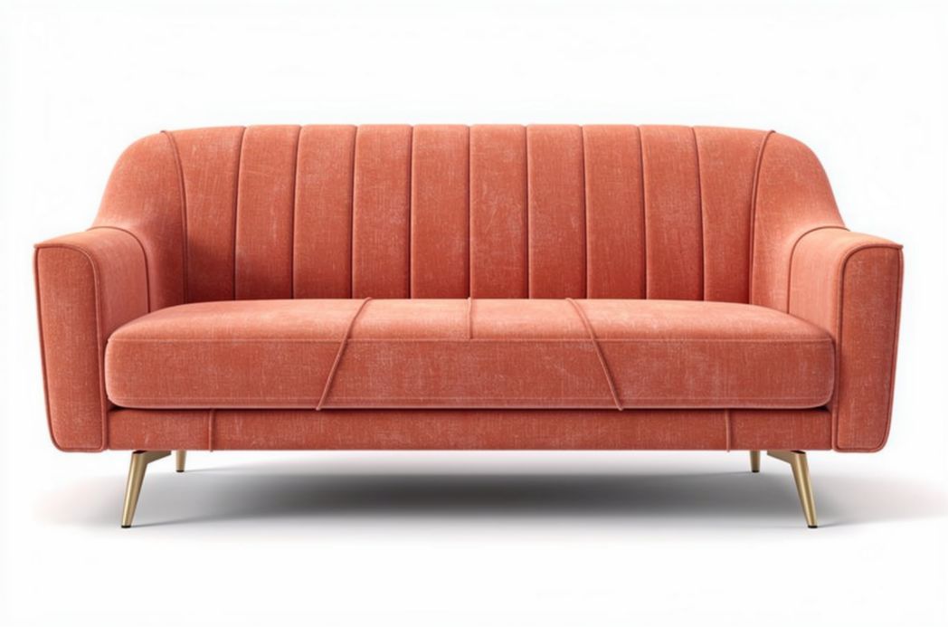 Sofa in zacht oranje stof met golvende stiksels en gouden poten 180 x 85 x 75cm