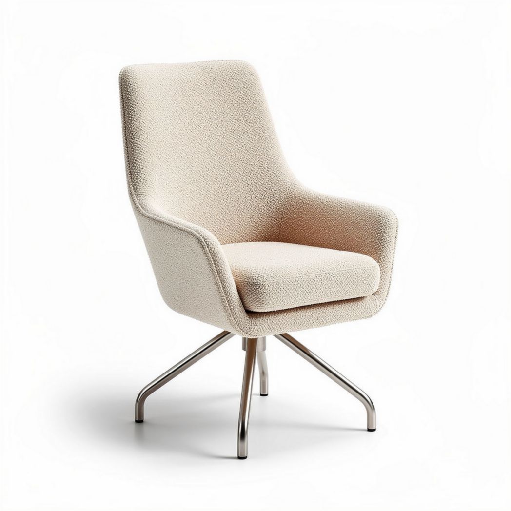 Lichte stoel met gebogen rug en metalen basis in beige stof 70 x 70 x 90cm
