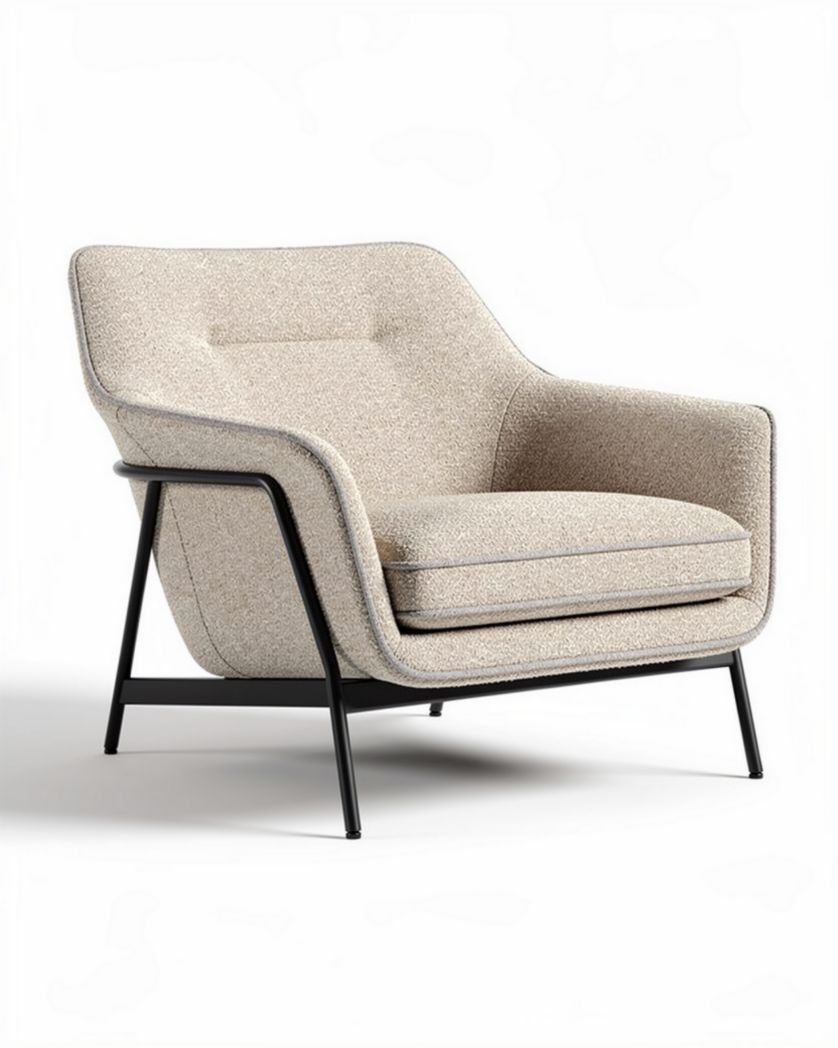 Lichte stoffen fauteuil met zwart metalen frame 80 x 80 x 85cm
