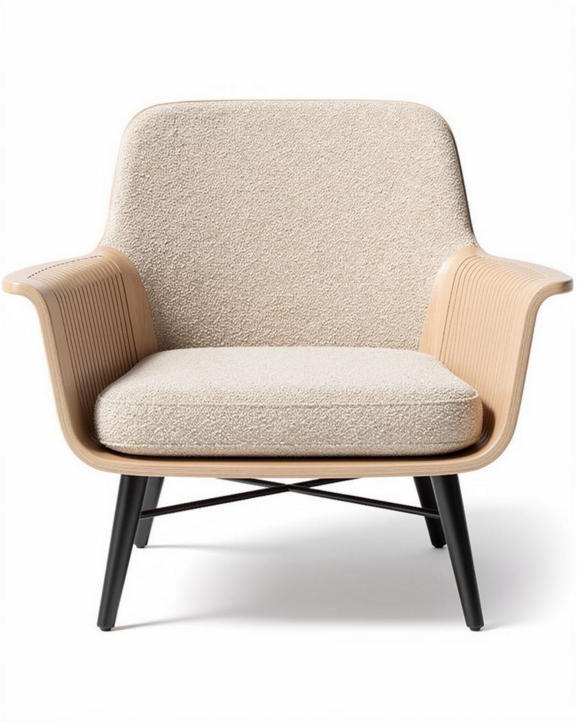 Leren fauteuil met schapenvacht zitting en houten armleuningen 80 x 80 x 90cm