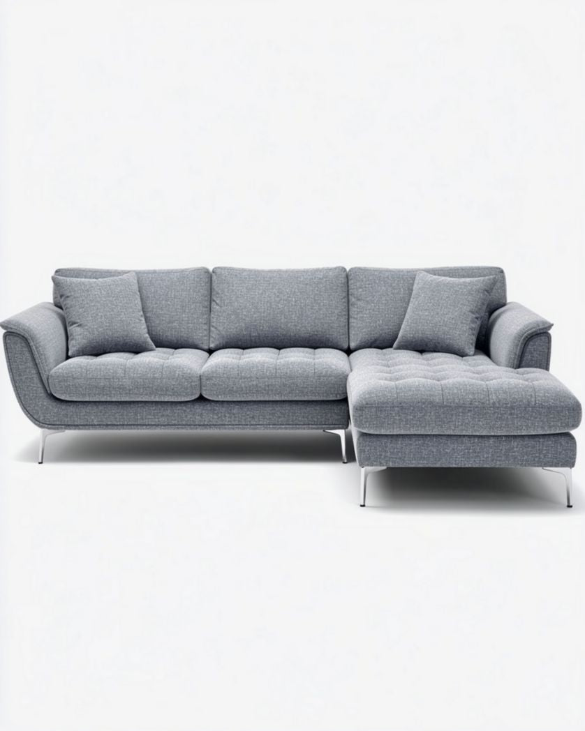 Grijze stoffen hoekbank met rugkussens en metalen poten 220 x 90 x 85cm
